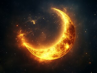 Fiery Crescent Moon in Starry Night Sky