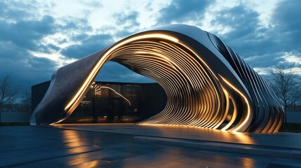 Futuristic parametric gate with undulating metal strips and integrated LED lighting for a dramatic entrance