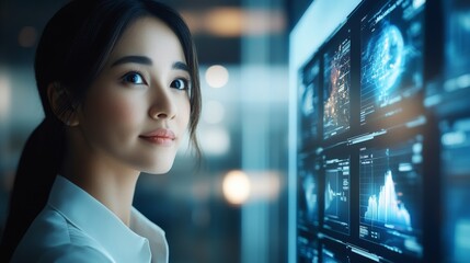 Naklejka premium A confident woman stands before a high-tech screen filled with data visualizations, embodying innovation, intelligence, and modern technology influence.