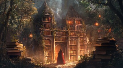 A mystical scene featuring an enchanted library fortress bathed in warm light, nestled within a forest, creating a magical atmosphere of knowledge and fantasy.