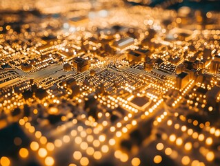 Glowing Golden Circuit Board Abstract Technology Background