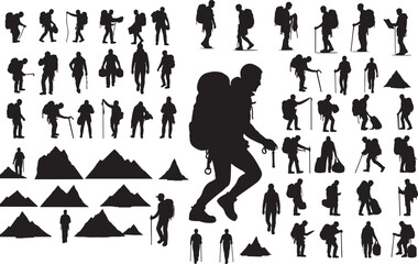 Human Climbers Silhouette Collection, Black Vector Icons of Adventurers and Explorers Scaling Heights