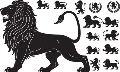 Royal Heraldic Black Lion Silhouettes, Black Vector Designs for Emblem and Crest Themes