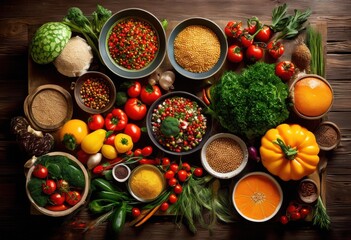 vibrant flat lay display colorful food ingredients stunning design inspiration, yellow, green, blue, purple, brown, pink, orange, texture, slice, fresh