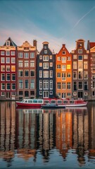 Beautiful Sunset Reflections on Amsterdam City Canals With Traditional Houses. Generative AI