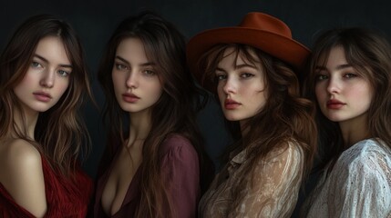 Obraz premium A stunning portrayal of four women wearing fashionable clothing, each showcasing their unique style and elegance, highlighting the essence of modern feminine allure.
