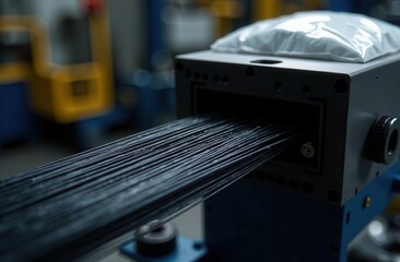 Drawing a strand of black polymer material after extrusion on a compounder on the background of a production site