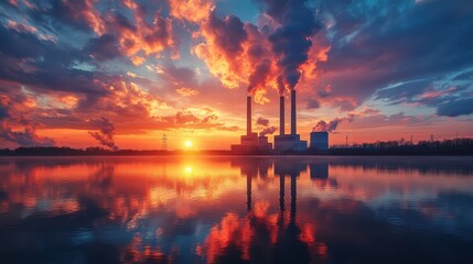 Fototapeta premium Industrial power plant at sunset with smoke stacks releasing pollution into the atmosphere