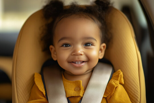 African-American toddler girl strapped into car seat in car ready for travel, copy space