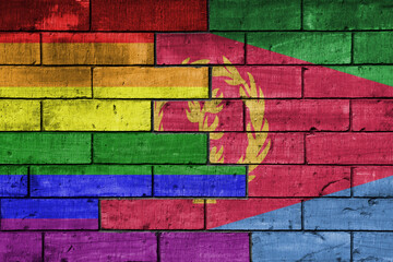 colourful painted big flag of eritrea and rainbow gay pride flag on a massive old brick wall background. concept