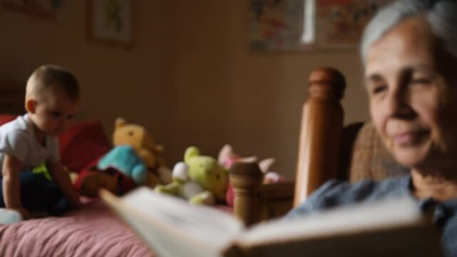 An elderly woman enjoys reading a book in a warm, inviting room. A baby plays quietly nearby on a soft bed surrounded by colorful stuffed animals during the afternoon light