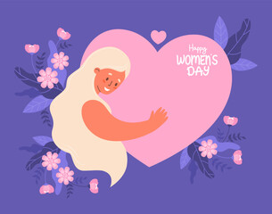 Happy Women's Day card. Happy woman with long hair with with big pink heart and bouquets of flowers. International holiday is celebrated annually on March 8. Vector illustration