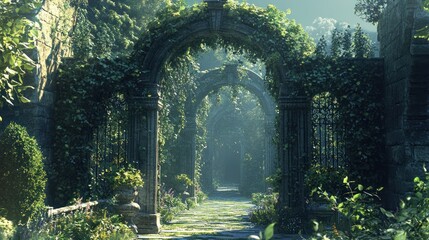Gate flanked by trellis structures covered in climbing plants, merging architecture and natural beauty