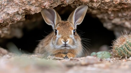 Fototapeta premium Desert rabbit peeking from burrow, cactus background; wildlife, nature photography