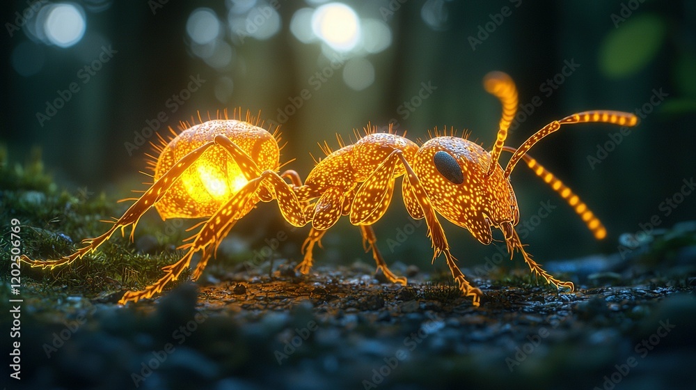 Poster close-up of a group of ants in a field of grass under a bright light in the foreground