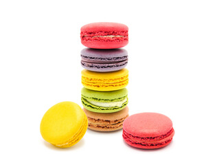 Sweet colorful varied assortment macarons cookies with filling isolated on a white background. Handmade traditional sweets. Clipping Path.	