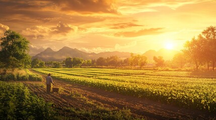 Fototapeta premium A farmer working in his field at sunrise with a scenic mountain view and golden light