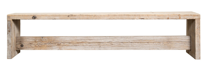 raw wood bench, front view. isolated white background