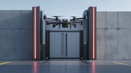 Gate with a levitating door panel system and integrated drone surveillance technology