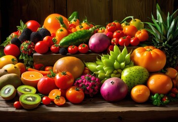 vibrant assortment fresh seasonal produce display featuring colorful fruits vegetables rustic wooden table, organic, selection, arrangement, harvest, market