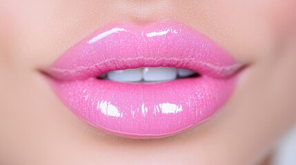 Obraz premium Close-up of glossy pink lips, beauty, cosmetics