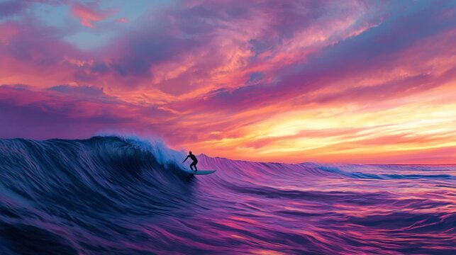 Surfer riding a wave at sunset with pink and orange colored sky creating vibrant tones