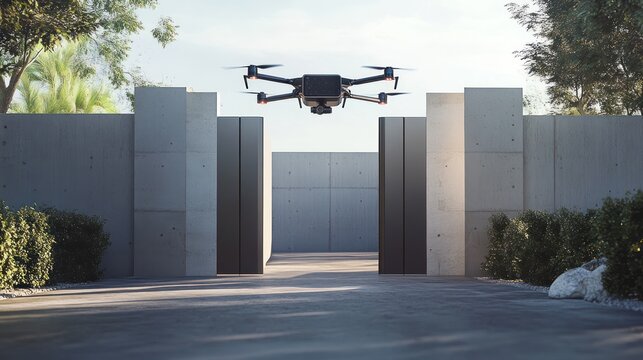 Gate with a levitating door panel system and integrated drone surveillance technology - Powered by Adobe
