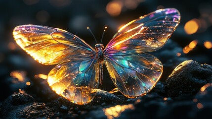   A butterfly perched atop a rock, its wings adorned with droplets of water