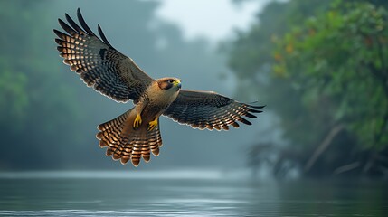 Fototapeta premium Falcon soaring over misty river, jungle background