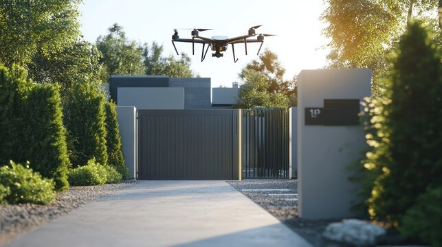 Gate with a levitating door panel system and integrated drone surveillance technology - Powered by Adobe