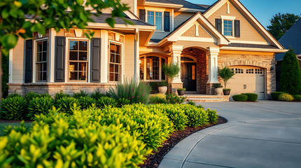 Obraz premium Luxury Home Exterior: Modern Brick House with Landscaped Garden and Pathway