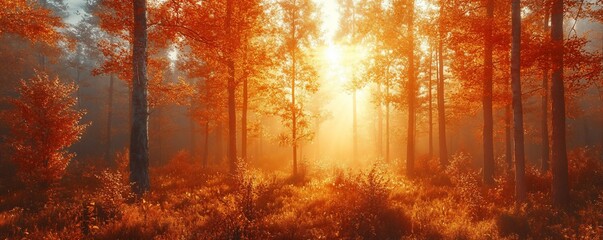 Obraz premium Autumn sunrise in misty forest. Peaceful nature scene