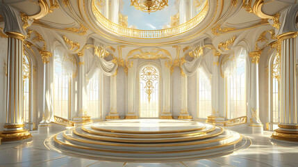 Luxurious gold and white palace interior with circular platform. Ornate Palace Interior. Illustration
