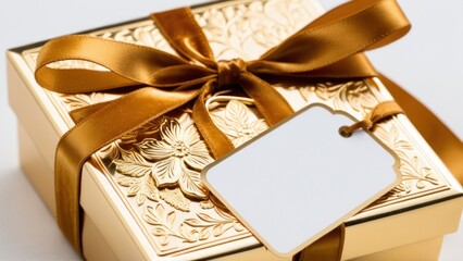 Decorative gold bonbonniere with velvet ribbon and blank tag, perfect for personalized gifts.