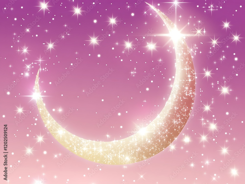 Wall mural Golden Crescent Moon with Sparkling Stars on Pink Sky