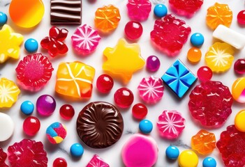 Fototapeta premium visually stunning vibrant colorful candy assortments arranged crisp clean background showcasing brilliance variety, bright, confectionery, circular