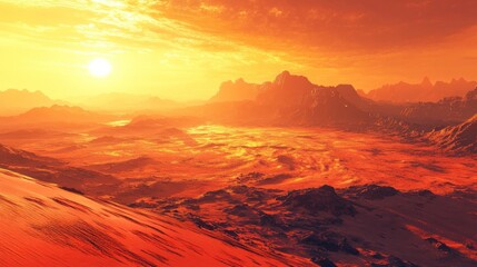 Naklejka premium Martian Landscape with Warm Glow and Mountains under Dramatic Sky in the Distance