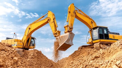 Excavators digging soil, construction site, sunny day, industry