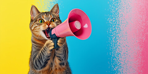 Funny portrait of an emotional cat with a megaphone. Flyer with bright colors, advertising copy space