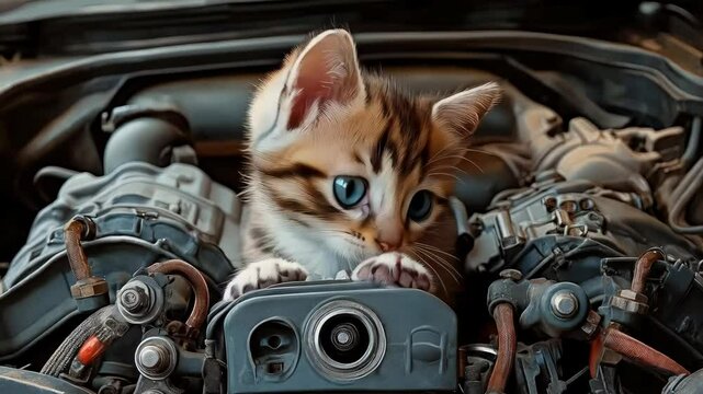 Concept animals rescue in danger. Adorable stray tabby kitten trapped inside car engine gears compartment meowing for help