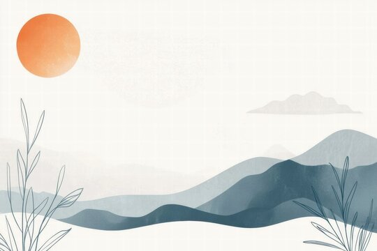 Nature inspired planner layout with abstract elements of sun, clouds, and mountains for daily organization and creativity. Generative AI