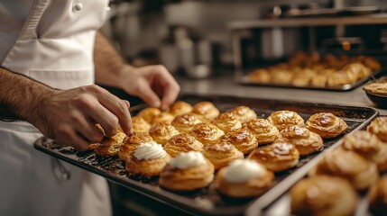 Baker decorating pastries in kitchen