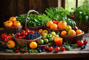 colorful display fresh ingredients artfully arranged rustic wooden table creating visual feast eyes, decor, freshness, vibrant, herbs, spices, array, fruits