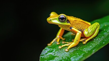 Golden frog on leaf, rainforest, vibrant, nature