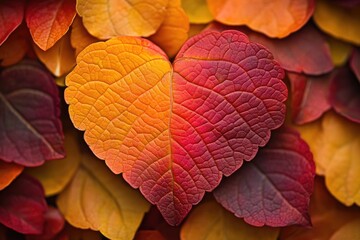 Heart-shaped autumn leaf in vibrant orange and red hues, surrounded by other fall foliage.
