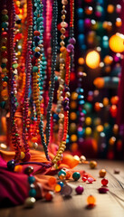 Brightly colored beaded ornaments are beautifully displayed against a vibrant background, exuding creativity and festive charm.

