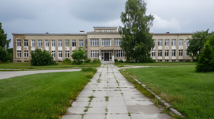 Fototapeta premium Abandoned school building with overgrown path and cloudy sky