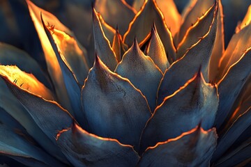 Close-up of an agave plant, showcasing intricate textures and warm, golden light highlighting its...