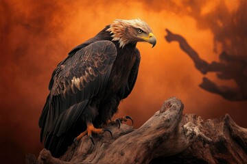 Fototapeta premium Majestic golden eagle perched on a weathered log against a fiery sunset backdrop.