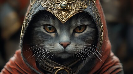Majestic grey cat, ornate hood, fantasy army, digital art, game asset